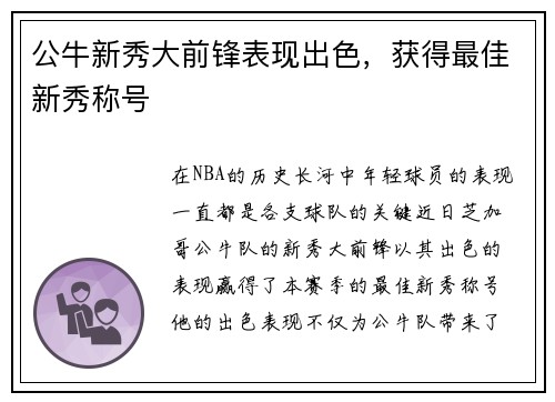 公牛新秀大前锋表现出色，获得最佳新秀称号