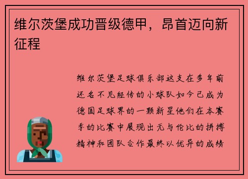 维尔茨堡成功晋级德甲，昂首迈向新征程