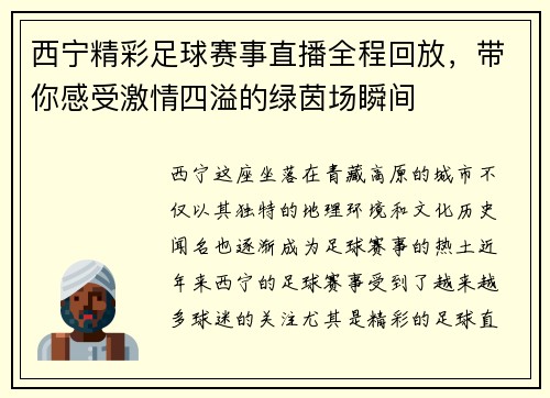 西宁精彩足球赛事直播全程回放，带你感受激情四溢的绿茵场瞬间